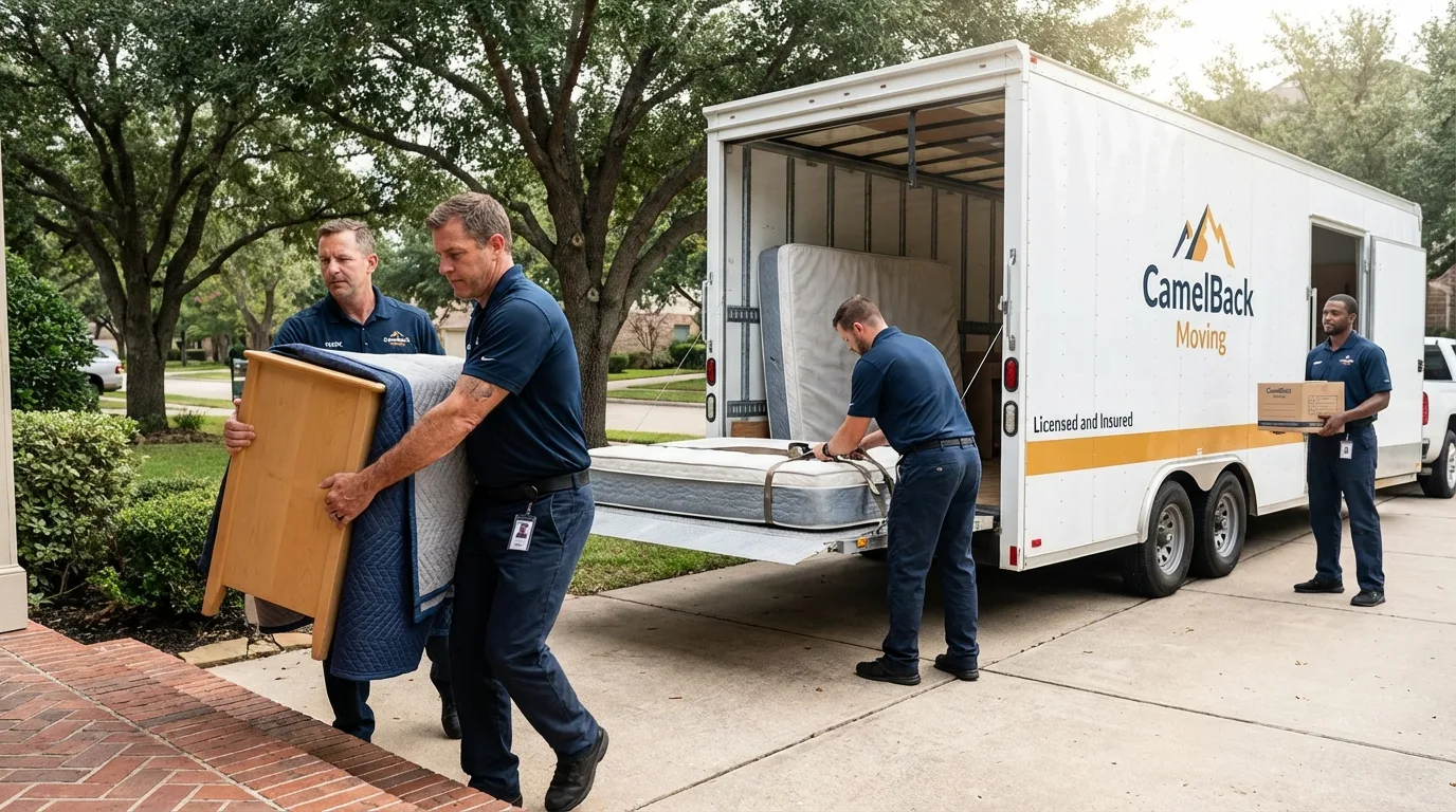 Crew loading residential truck for cross-state move from Hutchins, TX