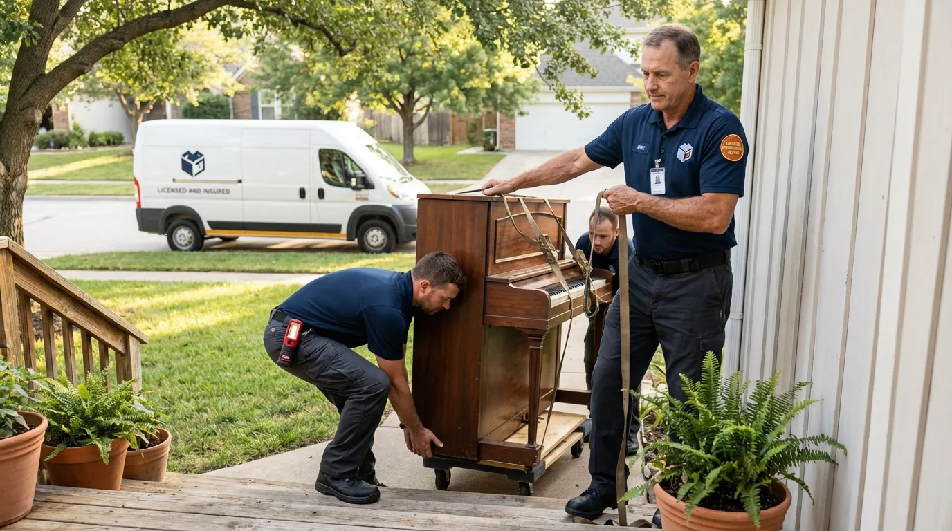 Licensed piano movers securing grand piano in Hutchins, TX